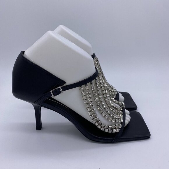 Zara 2020 Cruise Sandals 39 Sparkly Rhinestone Black Leather Square Toe Heels - Picture 16 of 16